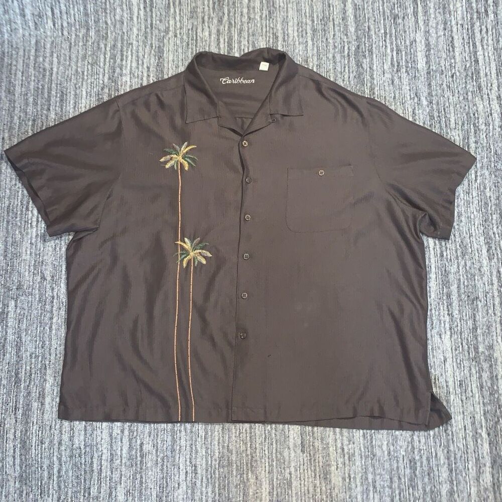 Caribbean Mens Size 3X Button Front Shirt Brown Embroidered Palm Trees Motif